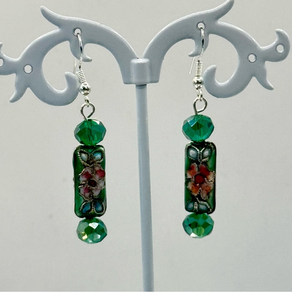 Cloisonné Vintage Green with Pink Flowers Beaded Dangle Earrings